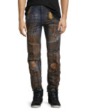 Distressed Slim-Fit Moto Jeans, Blue
