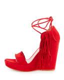 Pompom Fringe Ankle-Tie Wedge Sandal
