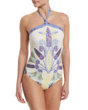 Mosaic Halter Once-Piece Swimsuit, Pompeii