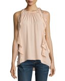 Tiera Tie-Shoulder Silk Ruffle Top, Blush