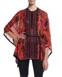 Jewel-Neck Printed Tunic, Red/Pink/Purple