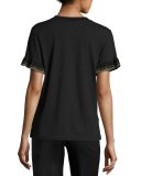 Ruffle-Sleeve Crewneck T-Shirt, Black