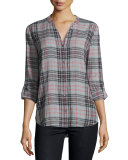 Dane Long-Sleeve Plaid Top, Soft Gray/Caviar