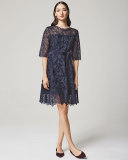 Three-Dimensional Daisy Applique & Lace Dress, Navy