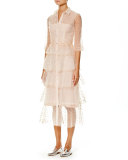 Embroidered Tulle 3/4-Sleeve Trench Dress, Pink