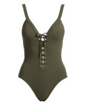 Lace-Up Underwire One-Piece Swimsuit, Green