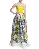 Strapless Lace & Floral-Print Gown, Yellow