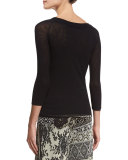 3/4-Sleeve Boat-Neck Tulle Tee, Black