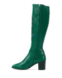 Dionysus Embroidered Knee Boot, Emerald