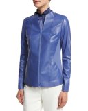 Lightweight Lambskin Paneled Zip-Front Jacket, Blue