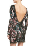 Long-Sleeve Sequined Cocktail Dress, Military Green