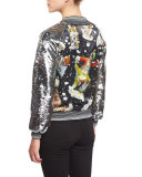 Sequin-Sleeve Monkey-Print Bomber Jacket, Silver