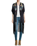 Argent Embroidered Kimono with Fringe Hem