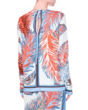 Maryln Long-Sleeve Feather-Print Top, Blue/Multi