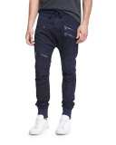 Drawstring Twill Biker Pants, Blue Navy