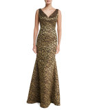 Sleeveless V-Neck Scroll Lace Gown