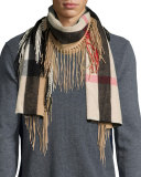 Men's Half Mega Check Cashmere Scarf, Camel