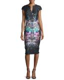 Cap-Sleeve Printed Stretch Crepe Sheath Dress, Dark Navy