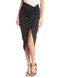 Ari Ruched Silk Polka-Dot Skirt, Black