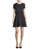 Short-Sleeve Collared Jacquard Popover Cocktail Dress 
