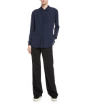 Long-Sleeve Silk Blouse, Coastal Blue