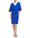 Flutter-Sleeve Crepe Cocktail Dress, Royal Blue