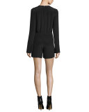 Long-Sleeve Split-Neck Romper, Black