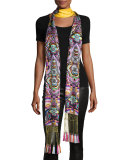 Long Floral Silk Fringe Scarf, Gold/Multicolor