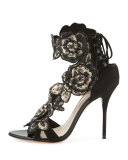 Winona Floral Lace-Back 100mm Sandal, Black/Gold