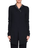 Long Perforated Snap-Front Jacket, Navy/Gray