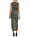 Teagan Fall Garden Printed Silk Midi Dress, Black/Multicolor