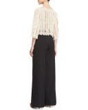 3/4-Sleeve Lace & Macrame Top, Ivory