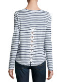 Patti Striped Lace-Up Long-Sleeve Linen Tee, White/Blue