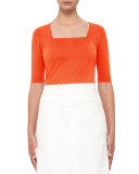 Stretch-Cotton Square-Neck Top, Azure