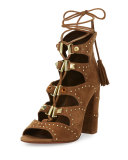 Alexa Studded Lace-Up Sandal, Brown