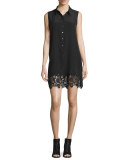 Lucida Sleeveless Lace-Hem Shirtdress, Black