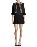 Embroidered Shearling Fur Cropped Jacket, Black