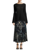Abstract-Print Tulle Midi Skirt, Black/Blue