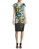 Floral Cap-Sleeve Sheath Dress, Fantasy