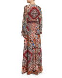 Embellished-Waist A-Line Gown, Blue/Camel