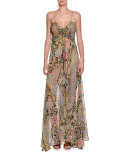 Fleur d'Oranger Sleeveless Printed Gown, Black/Multi