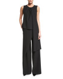 Sleeveless Jewel-Neck Draped Top, Black