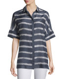 Andra Short-Sleeve Striped Blouse, Blue Note Multi