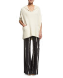 Striped Silk Wide-Leg Trousers, Black