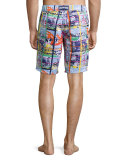 Maori Animal-Print Swim Trunks, Blue