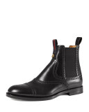 Leather Brogue Chelsea Boot, Black