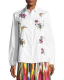 Floral-Embroidered Cotton Blouse, White