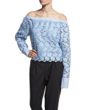 Lace Off-the-Shoulder Long-Sleeve Top, Blue