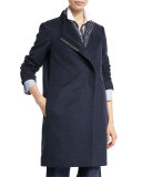 Monili-Placket Zip-Front Slim Coat, Navy
