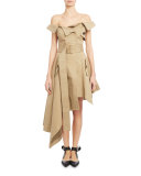 Off-the-Shoulder Belted Asymmetric Dress, Khaki